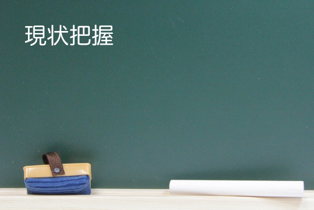 黒板に「現状把握」と書かれたイラスト