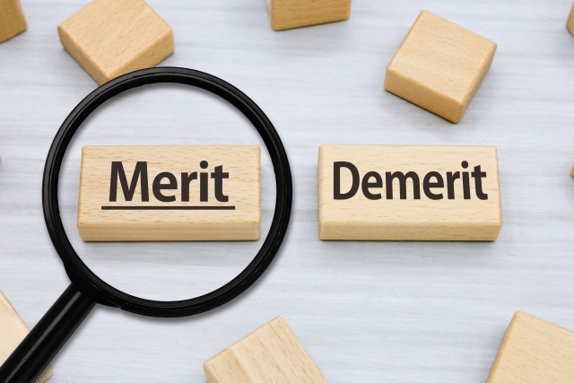 「Merit」「Demerit」と書かれたブロックのうち「Merit」のブロックに虫眼鏡がかざされているイラスト