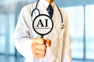 男性医師が「AI」と書かれた札を掲げている画像